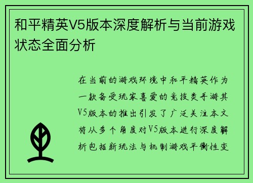 和平精英V5版本深度解析与当前游戏状态全面分析